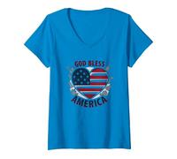 God Bless America - Bandiera patriottica a Forma di Cuore Maglietta con Collo a V, Donna, Zaffiro, XXL