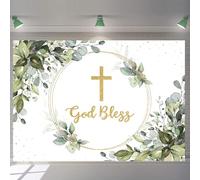 God Bless - Fondale decorativo per comunione e battesimo, 2,3 x 1,8 m, verde eucalipto, foglie verdi e dorate, per baby shower