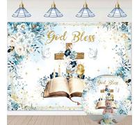 God Bless Sfondo Prima Comunione Battesimo Decorazioni per Feste 7x5FT Bambini Verde Eucalipto Foglie Sfondo Ragazzo Ragazze Neonato Baby Shower Banner Decor Forniture Puntelli Foto