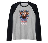 God Bless The USA Funny Patriotic Highlander Mucca e Bandiera Maglia con Maniche Raglan