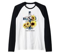 God is good Croce Girasoli Farfalle Cristiane Maglia con Maniche Raglan