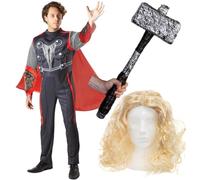 God of Thunder - Costume da Thor, per adulti, con mantello rosso, parrucca bionda lunga, martello di plastica