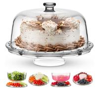 Godinger Cake Stand and Serving Plate Platter with Dome Lid 6 in 1 Multi-Purpose Use Crystal Glass Footed Cake Stand Salad Bowl Cake Plate Fruit Platt