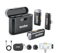 Godox WES1 Kit2 Microfono lavalier wireless per iPhone/Lightning, Durata della batteria 8H,Microfono wireless a doppio canale 2.4G, portata 200m, cancellazione del rumore con custodia di ricarica