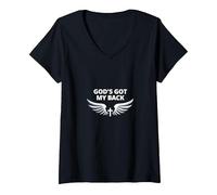 God's Got My Back: Fedele Ali angeliche Croce Maglietta con Collo a V, Donna, Nero, M