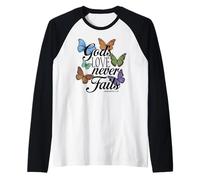 Gods Love Never Fails Bibbia Verso Farfalla Preghiera Scrittura Maglia con Maniche Raglan