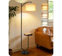 GOEBLESON Lampada da terra con tavolo, nero e beige | 3 Temperature, Memoria, Testa Orientabile, Paralume in Lino Naturale, Interruttore a Piedi, per Soggiorno, Camera, Ufficio