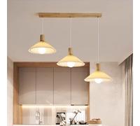 Goeco 3 Luci Lampade a Sospensione Vintage, Plafoniera Retro in Legno e Tessuto, Lampadario E27 con Altezza Regolabile per Camera da letto Sala da Pranzo Soggiorno