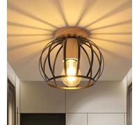 Goeco Plafoniera Vintage Industriale, Lampada da Soffitto Metallo Portalampada E27, Retrò Paralume da Soffitto in Gabbia Base in legno er Corridoio, Balcone e Sale da Pranzo, Nero