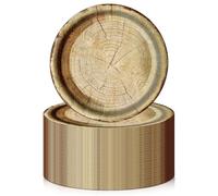 GOEDCH 50 piatti per feste: piatti di carta, decorazioni rustiche per feste, rotondi, piatti di carta, piatti da dessert, accessori da campeggio, piatti in legno per feste rustiche, decorazioni