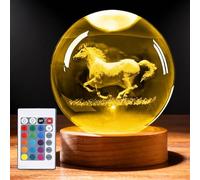 GOEDCH 8cm 3D Horse Glass Ball Night Light con base in legno: luce notturna a sfera di cristallo 3D con telecomando, lampada a sfera di cristallo a forma di cavallo in 16 colori per Natale, Ringraziam