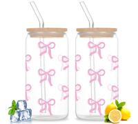 GOEDCH Bicchieri in Vetro con Coperchio e Cannuccia: 2 Tazze da Bubble Tea con Fiocchi Rosa, Tazza da Caffè Riutilizzabile, Tazze in Vetro a Forma di Lattina per Caffè Ghiacciato, Cocktail