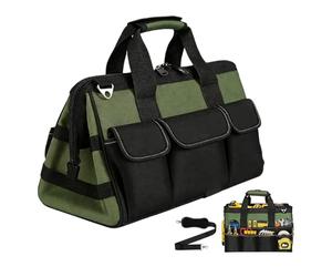 GOEDCH Borsa per attrezzi con tracolla: 16 pollici a collo largo, con cintura tattica e 16 scomparti, borsa per attrezzi per meccanici, elettricisti, falegname (verde, nero)