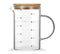 GOEDCH Caraffa Graduata con Coperchio in Bambù: Misurino Graduato in Vetro, Scala Precisa, Resistente Al Calore, Misurino di Vetro con Scala per Succhi, Latte e Prodotti da Forno(1000 ml)