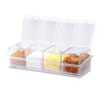 GOEDCH Condimento Box: 2 Set Scatole per Spezie 4 in 1, Barattoli Quadrati per Spezie con Cucchiai, Barattoli Trasparenti per Condimenti in Plastica per Sale Zucchero, Contenitori da Cucina