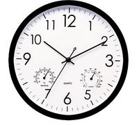 GOEDCH Grande orologio da parete: orologio da parete da 30 cm con termometro e igrometro, rotondo al quarzo, orologio da parete preciso e durevole con quadrante trasparente, senza ticchettio, per casa