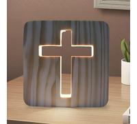 GOEDCH Jesus Croce Luce notturna a LED, 3D, con intaglio in legno, luce calda, piccola lampada da tavolo per camera, croce 3D, mini luce notturna religiosa, regali di Pasqua, decorazioni illuminate