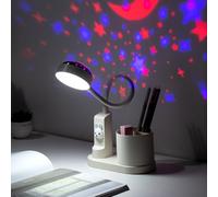 GOEDCH Lampada da scrivania per bambini: lampada da tavolo a LED, con portapenne, proiezione, lampada da lettura dimmerabile con proiezione e portapenne per studenti, dormitorio, studio lettura