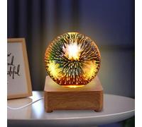 GOEDCH Luce notturna a sfera di cristallo 3D: luce notturna palla di vetro fuochi d'artificio 9 cm con base in legno USB, palla di cristallo fuochi d'artificio, regalo di compleanno, decorazioni USB