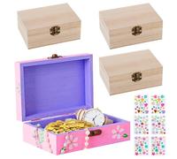 GOEDCH Mini Scrigno del Tesoro con Coperchio: 4 Pezzi Scatola Legno Portaoggetti con 6 Adesivi a Diamante, Scatola Di Legno Fai Da Te per Dipingere, Decorare e Fai da Te per Bambini(15 x 10 x 6 cm)