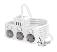 GOEDCH Multipresa 3 posti con USB-C, prese a contatto di protezione intercambiabili, interruttore illuminato, cavo piatto 1,5m, montaggio a parete, salvaspazio