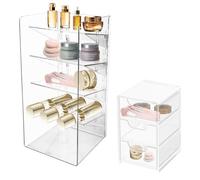 GOEDCH Organizer per Cosmetici: Set di 2 Organizer per il Trucco Trasparente con 4 Parete Inclinata, Cassettiera a Tre Stratii per il Trucco, Bagno, Ufficio