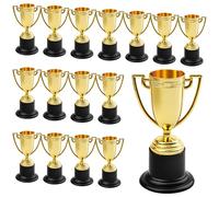 GOEDCH - Set di 16 pezzi, mini trofei per bambini, mini trofeo oro, mini trofei vincitori in plastica per compleanni dei bambini, mini trofei per classi, scuole, premi, access