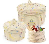GOEDCH Set di 2 Impilabile Organizer Fasciatoio: Cestini Portaoggetti in Corda di Cotone Intrecciata con Coperchio, Decorativi Rotondi Colorati, Cestino Portaoggetti Impilabile per Vivaio Soggiorno