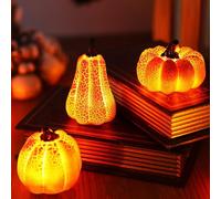 GOEDCH Set di 3 lanterne a LED per autunno e zucca, decorazione autunnale con LED, lampada calda a zucca per Halloween, decorazione da tavolo luminosa, per giorno del Ringraziamento, Natale, giorno