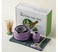 GOEDCH Set di 7 pezzi Premium Matcha Tea Giapponese Matcha Set Completo di Ciotola Matcha in ceramica, Chasen, Cucchiaio e Accessori - Set tradizionale per la preparazione del Matcha giapponese (viola