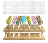 GOEDCH Supporto per Cake Pops: Supporto per Lecca Lecca in Legno a 21 Fori con 100 Bastoncini di Carta Bianca, Espositore per Lecca Lecca per Matrimoni, Feste di Compleanno, Baby Shower