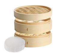 GOEDCH Vaporiera in Bambù: 21 CM 2 Piani Vaporiera Bamboo, Cestello per la Cottura a Vapore Asiatico con Coperchio e 5 Panni Antiaderenti, per Riso, Dim Sum, Verdure, Pesce, Carne, Gnocchi