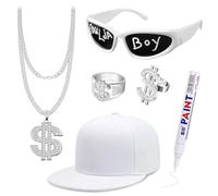 Goenb Solja Boy - Kit per costume hip hop, accessori per costume da rapper anni '80, 90 e 2000, accessori per costume hip hop, con occhiali, anello con catena dollaro, berretto bianco