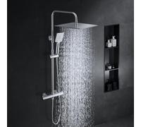 Görbach Colonna Doccia Acciaio Inox Con Miscelatore Fori Muro Regolabili Colonna Doccia con Rubinetto Termostatico Set Doccia a Pioggia Con Soffione e Doccetta a Mano Quadrato 30 * 30cm Cromo