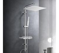 Görbach Colonna Doccia Acciaio Inox Senza Miscelatore Fori Muro Regolabili Colonna Doccia idromassaggio Asta Doccia con soffione a Pioggia e Porta Ogetti Mensola 30 * 30 Quadrato.