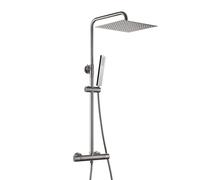 Görbach Colonna Doccia con Miscelatore Set completo termostatico doccia, set doccia a pioggia con asta doccia in acciaio inox, soffione quadrato 30 x 30 cm, Grigio pistola spazzolato