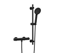 Görbach Colonna Doccia con Miscelatore Termostatico, Set Asta Doccia in Acciaio inox con Doccetta e Tubo, Saliscendi Doccia 70 cm, Nero