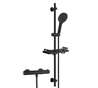Görbach Colonna Doccia con Miscelatore Termostatico, Set Asta Doccia in Acciaio inox con Doccetta e Tubo, Saliscendi Doccia 100 cm con Mensola, Nero