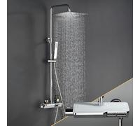 Görbach Colonna Doccia con Termostatico in Acciaio INOX 304 Colonna Doccia Rubinetto con Soffione con Miscelatore, Set Doccia a Pioggia con Doccetta Cromo(20×20cm Quadrato)