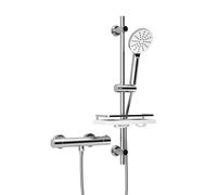 Görbach Colonna Doccia con Tubinetto Doccia e Set Asta per Doccia con Mensola, Termostato Miscelatore Doccia + Barra Doccia in Acciaio inox 70 cm con Doccetta e Tubo, Cromato