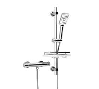 Görbach Colonna Doccia con Tubinetto Termostatico Doccia, Set Asta per Doccia con Mensola, Termostato Miscelatore Doccia + Barra Doccia in Acciaio inox 70 cm con Doccetta e Tubo, Cromato