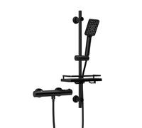 Görbach Colonna Doccia con Tubinetto Termostatico Doccia, Set Asta per Doccia con Mensola, Termostato Miscelatore Doccia + Barra Doccia in Acciaio inox 70 cm con Doccetta e Tubo, DS1208 Nero