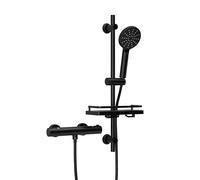Görbach Colonna Doccia con Tubinetto Termostatico Doccia, Set Asta per Doccia con Mensola, Termostato Miscelatore Doccia + Barra Doccia in Acciaio inox 70 cm con Doccetta e Tubo, DSD12 Nero