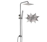 Görbach Colonna Doccia in Acciaio INOX senza Rubinetto, Set Doccia a Pioggia con Soffione e Doccetta, Asta Doccia Saliscendi Fori Muro Regolabili, Soffione quadrato 20 x 20 cm, Grigio Canna