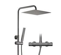 Görbach Colonna Doccia Termostatico Set Completo Doccia con Miscelatore Rubinetto, Set Doccia a Pioggia con asta doccia in acciaio inox, Soffione 25 x 25 cm Grigio pistola spazzolato