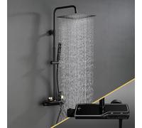 Görbach Nero Colonna Doccia con Termostatico in Acciaio INOX 304 Colonna Doccia Rubinetto con Soffione con Miscelatore, Set Doccia a Pioggia con Doccetta(20×20cm Quadrato)