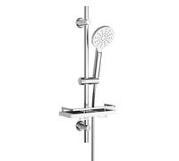 Görbach Colonna Doccia Acciaio Inox Senza Miscelatore Fori Muro Regolabili, Asta per Doccia 70 cm con Soffione, Tubo Flessibile, Supporto per Doccetta e Portasapone Mensola per bagno, Rotondo, Cromato