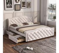 Goeria Letto imbottito da 160 x 200 cm, letto con rete a doghe, 2 cassetti e testiera con rivetti, legno e similpelle, bianco, letto per giovani e ospiti, senza materasso