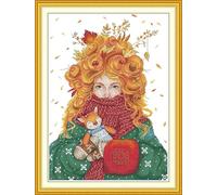 Gofission Kit per punto croce prestampato da 14 ct, per adulti e principianti, fai da te, prestampato, set da ricamo a punto croce con accessori, decorazione da parete, 33 x 44 cm (ragazza)