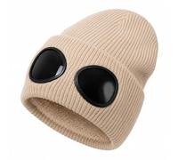 Goggle Knitted Beanie, Beanie With Goggles, Novelty Winter Hat (Beige)